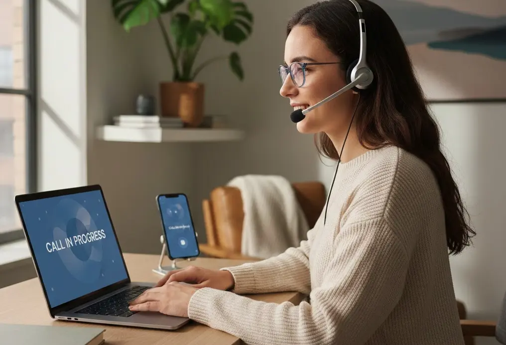 remote worker taking UK landline call on her devices