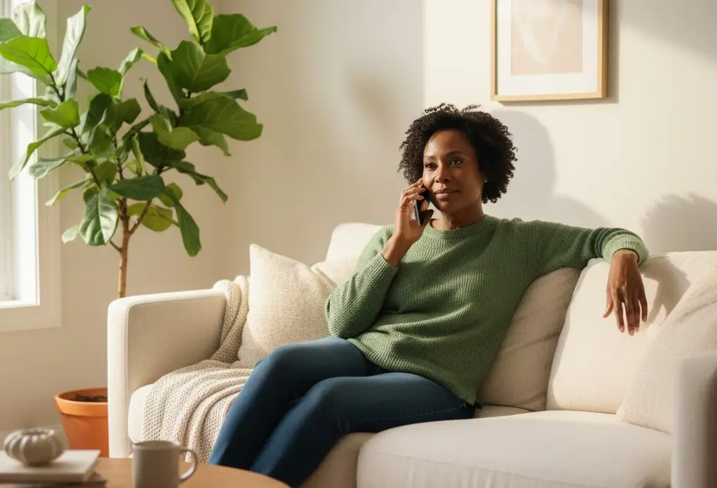 a woman sitting on the sofa taking a chat call