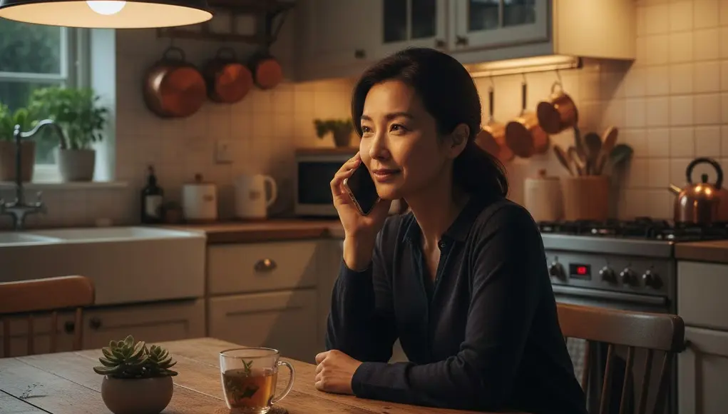 a woman sitting at the kitchen table taking a phone call