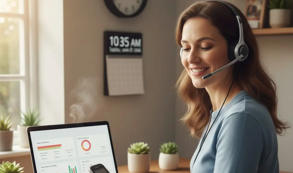 A woman taking a call on her headset, sitting at her desk working from home